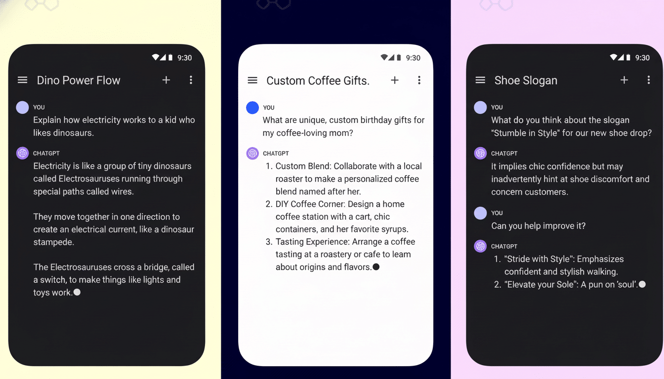 A professional, enhanced image of three smartphone screens displaying different chat conversations, resized to a 16:9 aspect ratio. The background features a subtle, professional flat design with soft patterns and gradients, while the content of the screens remains unchanged.