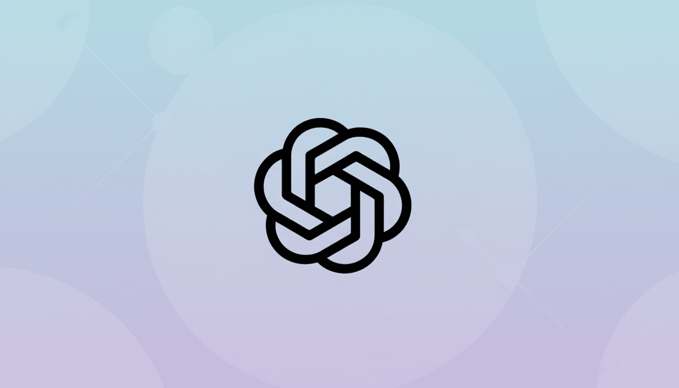 A black, stylized knot-like logo, resembling a six-petal flower or a woven hexagon, centered on a professional 16:9 background with soft blue and purple gradients and subtle circular patterns.