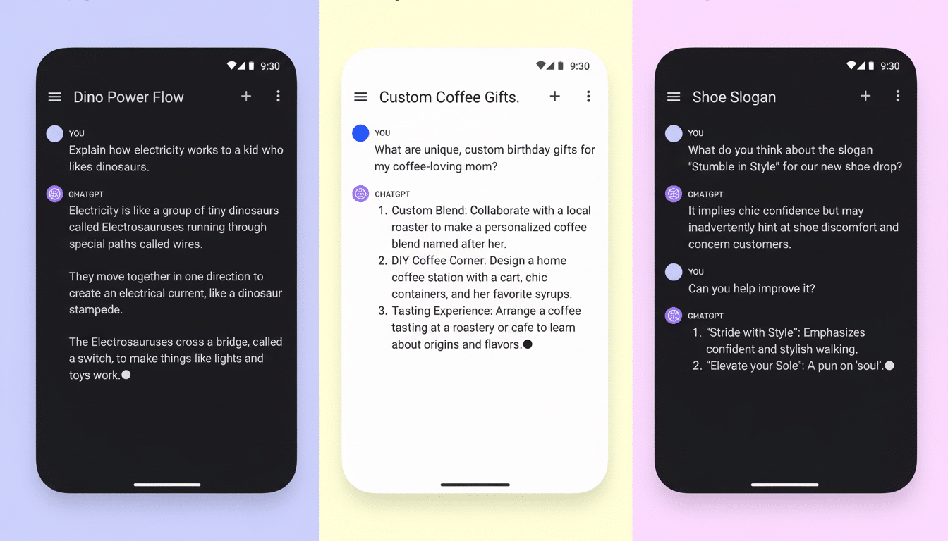 Three smartphone screens displaying chat conversations. The left screen shows a conversation about explaining electricity to a child using a dinosaur analogy. The middle screen shows a conversation about custom coffee gift ideas. The right screen shows a conversation about improving a shoe slogan.
