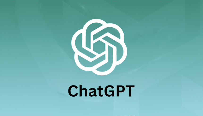 The ChatGPT logo, a white abstract knot-like design, centered above the black text ChatGPT on a teal background with subtle, soft gradient patterns.