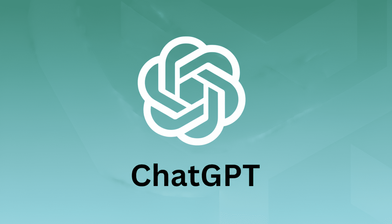 The ChatGPT logo, a white abstract knot-like design, centered above the black text ChatGPT on a teal background with subtle, soft gradient patterns.