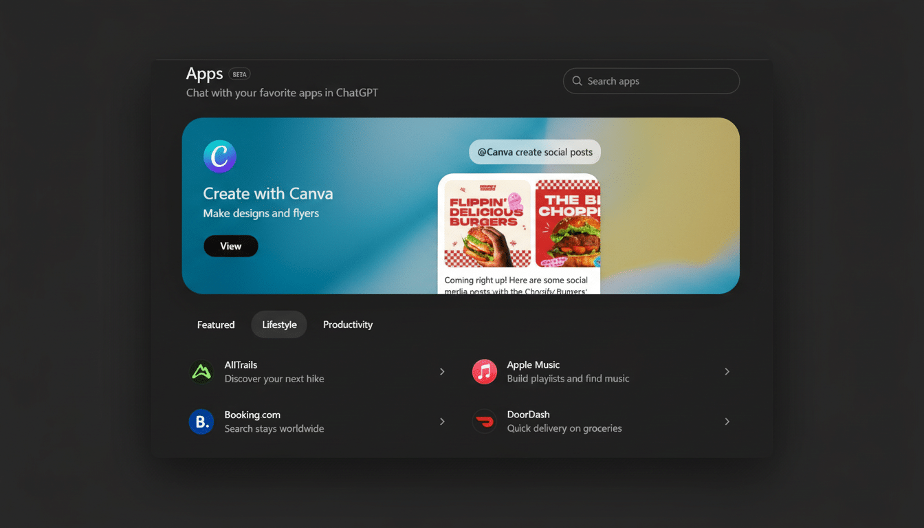 A screenshot of the ChatGPT app store interface, featuring a Create with Canva app card prominently displayed with social media post examples.