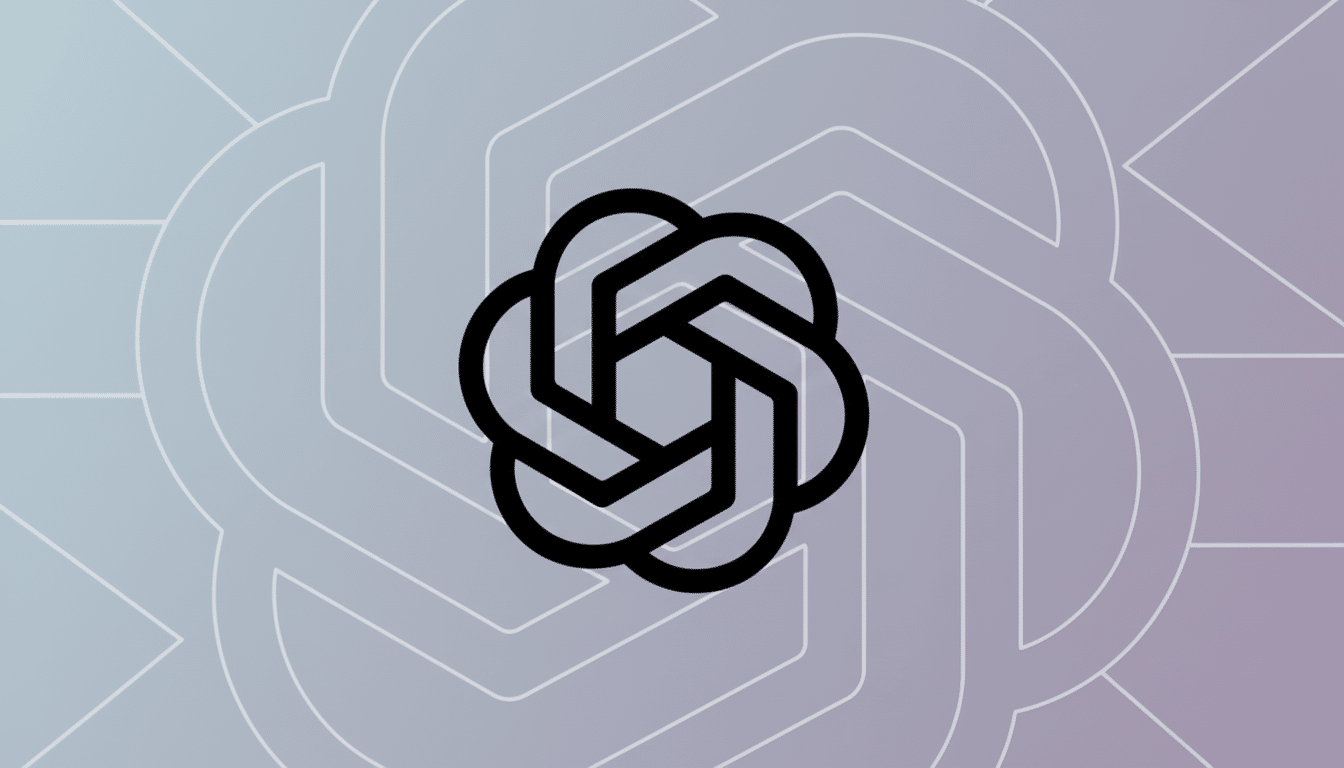 A 16:9 aspect ratio image featuring the black OpenAI logo, a stylized knot-like design, centered on a professional flat background with soft gray and purple gradients and subtle geometric patterns.