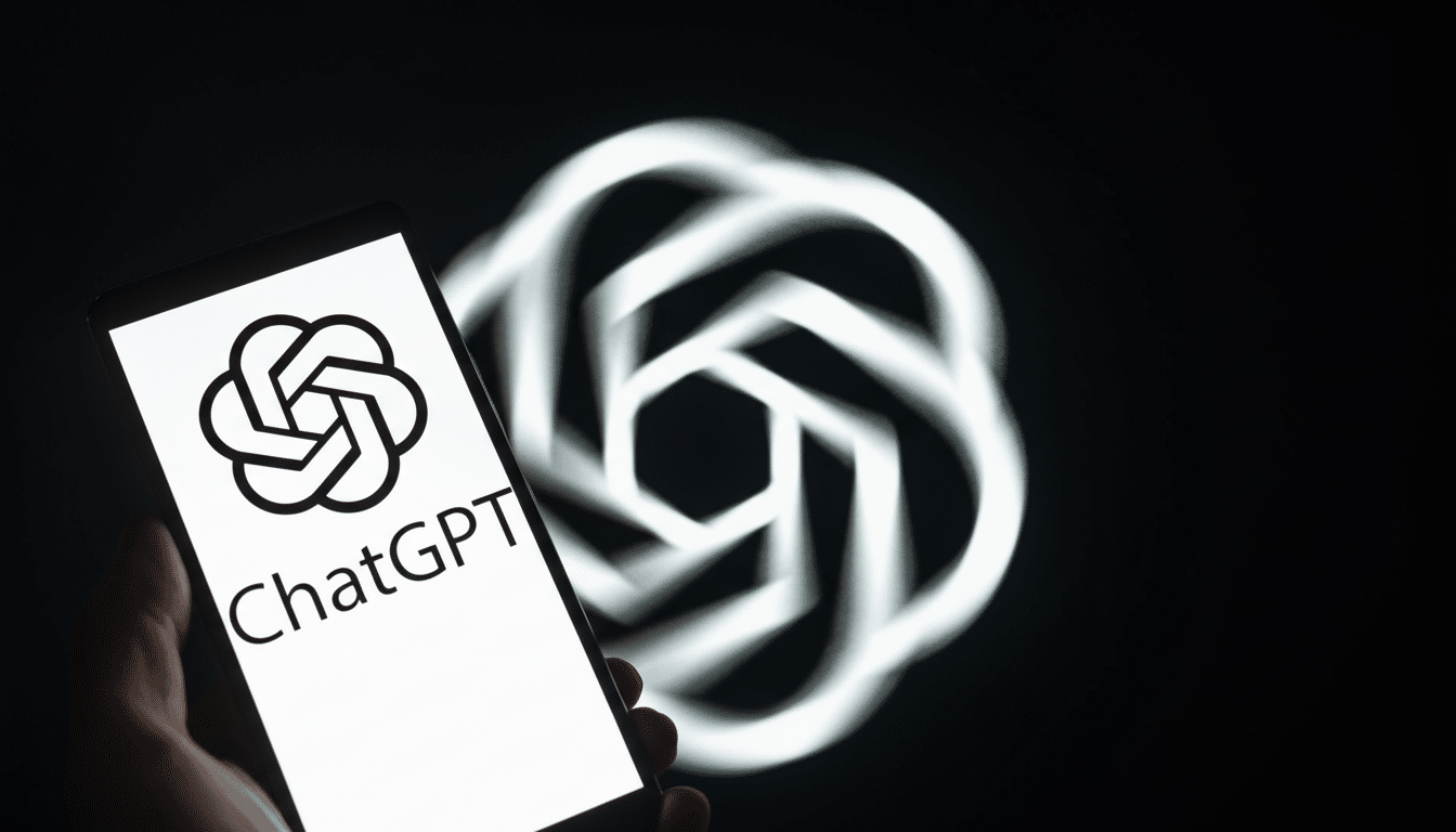 A smartphone displaying the ChatGPT logo and text, held against a blurred background featuring a larger, glowing version of the OpenAI logo.