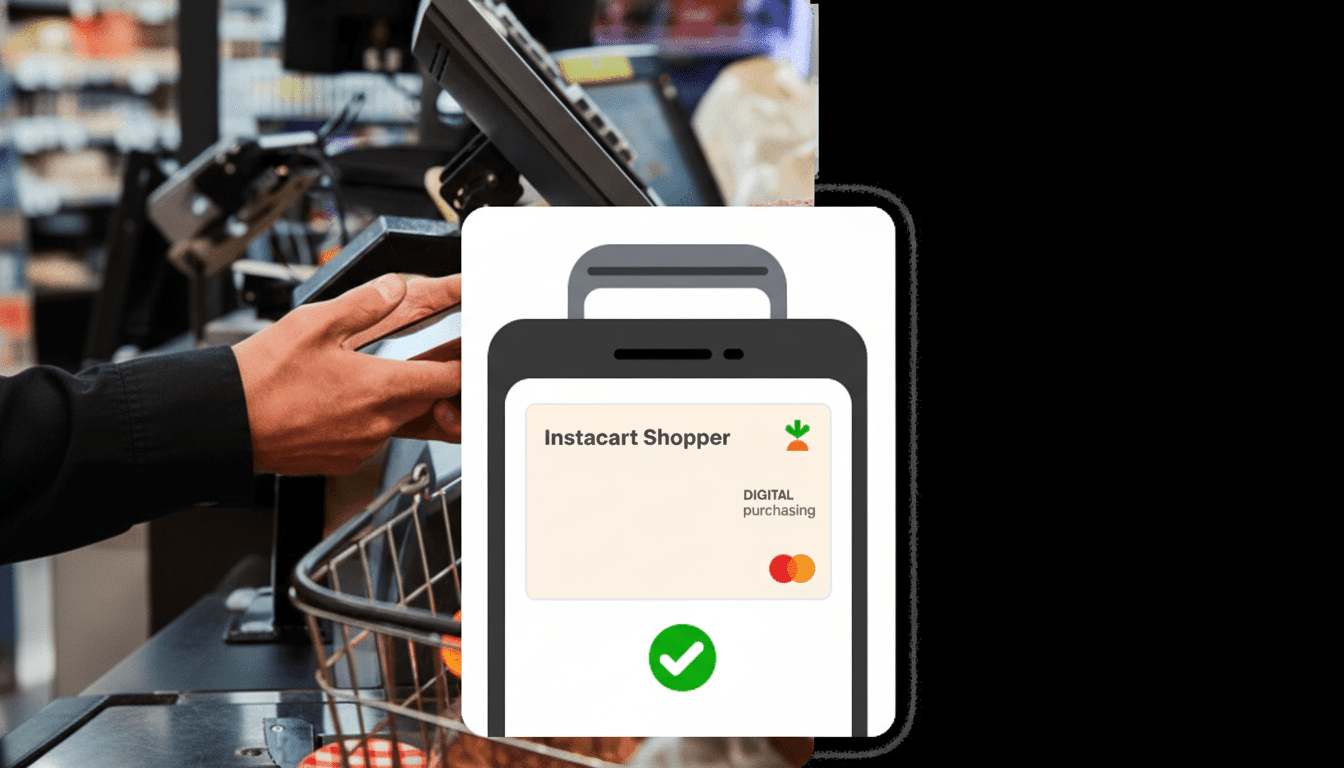 A person using a smartphone to make a digital purchase via Instacart Shopper at a checkout counter, with a digital card displayed on the phone screen.