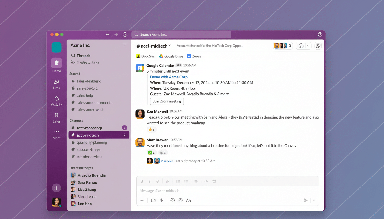 A screenshot of a Slack interface showing a channel named #acct-midtech with a Google Calendar event notification and messages from Zoe Maxwell and Matt Brewer.