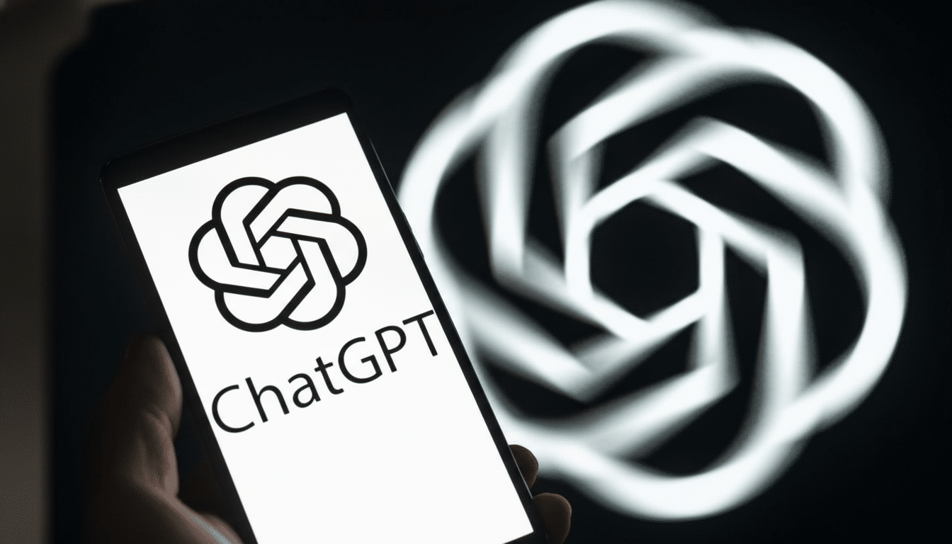 A smartphone displaying the ChatGPT logo and name, held in front of a blurred background featuring a larger, glowing OpenAI logo.