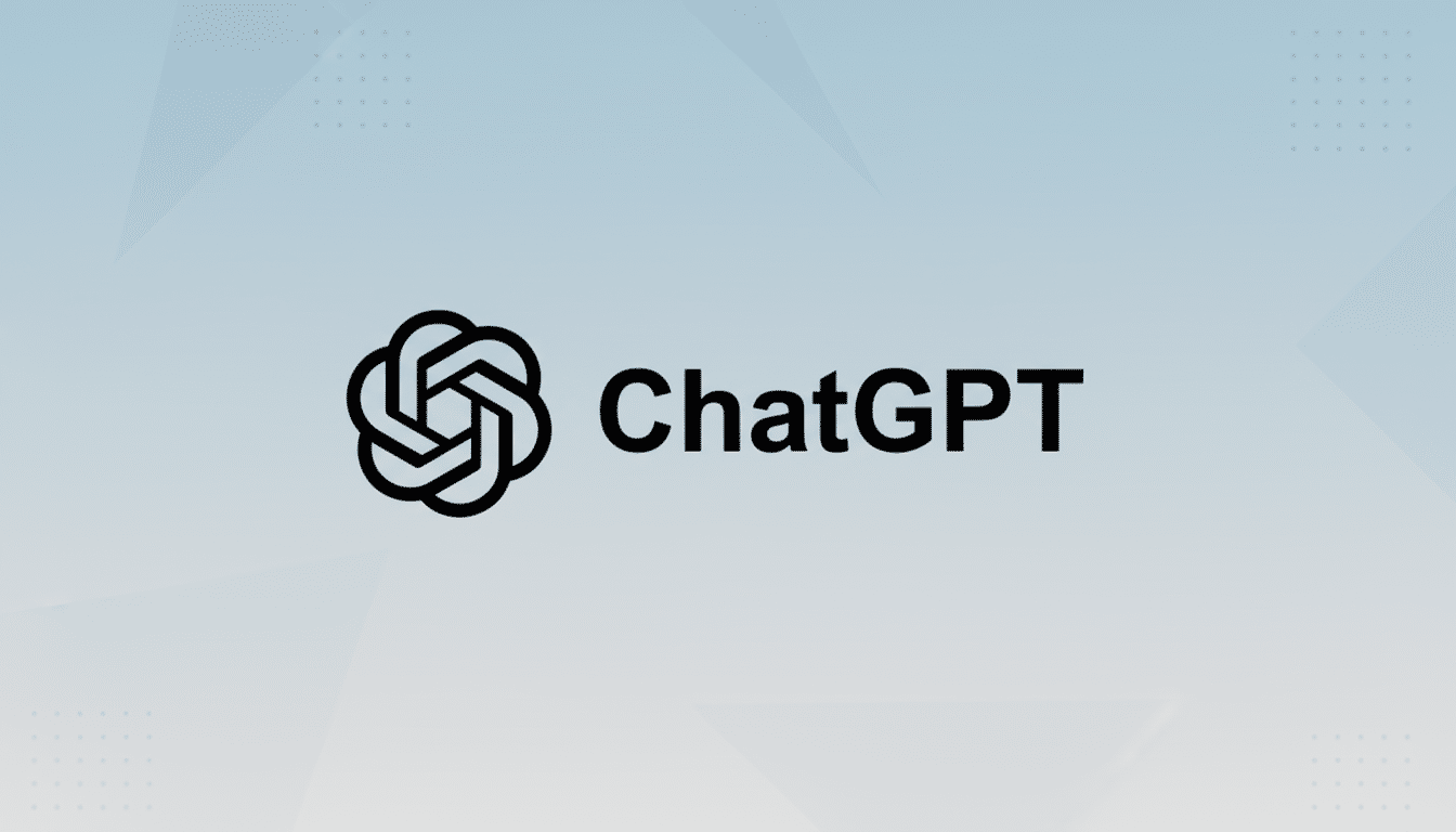 The ChatGPT logo, featuring a black stylized knot icon to the left of the word ChatGPT in black text, set against a professional light blue gradient background with subtle geometric patterns.