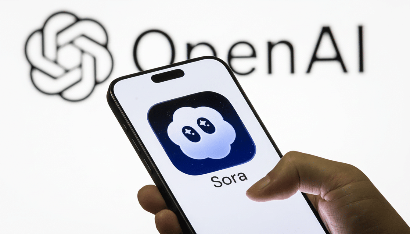 A hand holding a smartphone displaying the Sora app icon, with the OpenAI logo visible in the background.