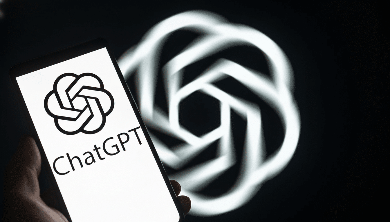 A smartphone displaying the ChatGPT logo and name, held against a blurred background of the OpenAI logo.