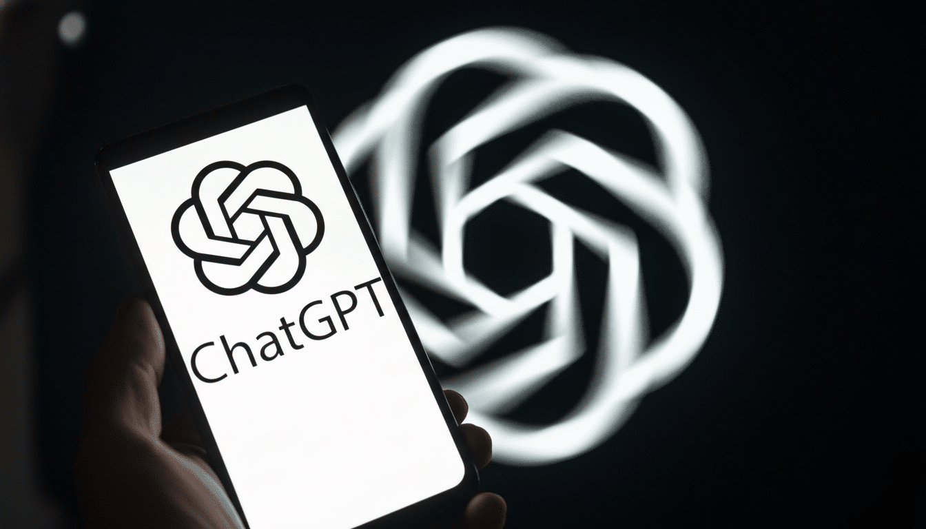 A hand holding a smartphone displaying the ChatGPT logo and name, with the OpenAI logo blurred in the background.