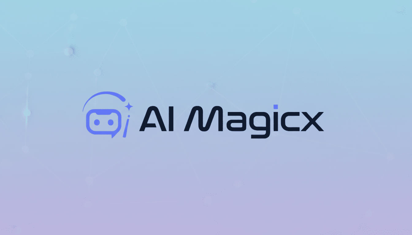 The AI Magicx logo, featuring a stylized blue robot icon with a sparkling i and the text AI Magicx in dark blue, presented on a professional flat design background with soft blue and purple gradients and subtle geometric patterns.