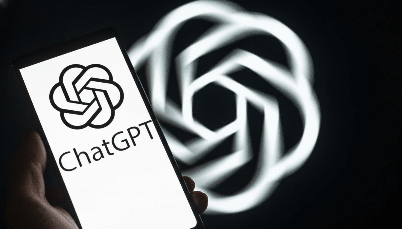 A hand holding a smartphone displaying the ChatGPT logo and name, with a blurred, larger version of the logo in the background.