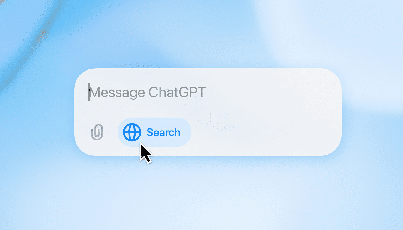 A close-up of a message input field with Message ChatGPT as a placeholder, and a Search button with a globe icon, being clicked by a mouse cursor.