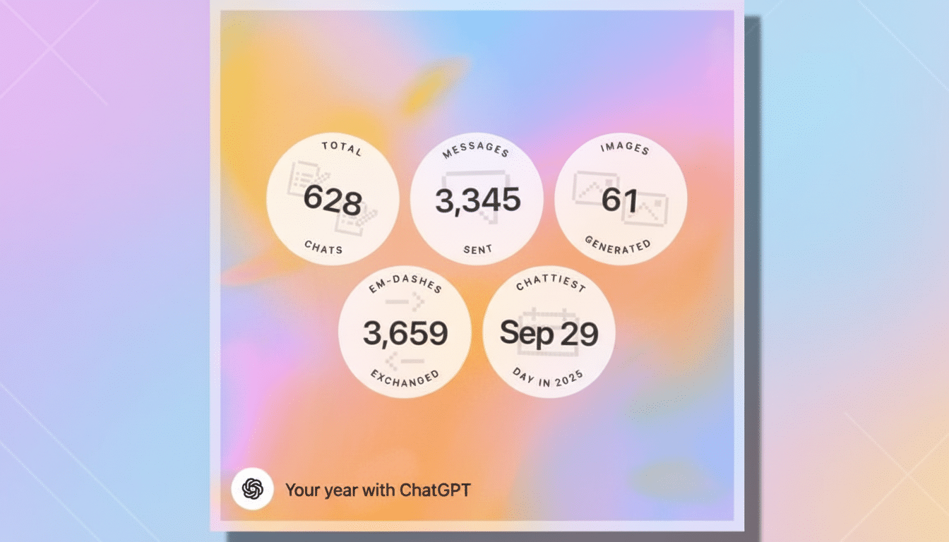 A Your year with ChatGPT summary showing statistics for total chats, messages sent, images generated, em-dashes exchanged, and the chattiest day.