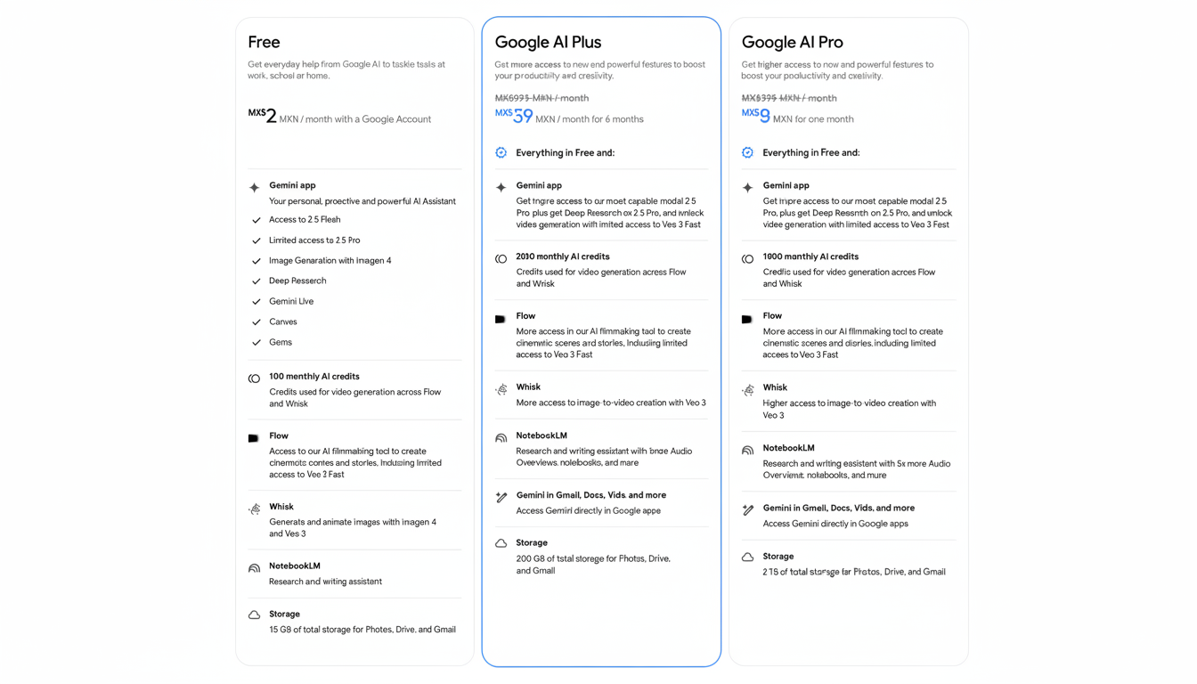 A professional, clean presentation of three Google AI plans: Free, Google AI Plus, and Google AI Pro, with their respective features and pricing, set against a soft gradient background.