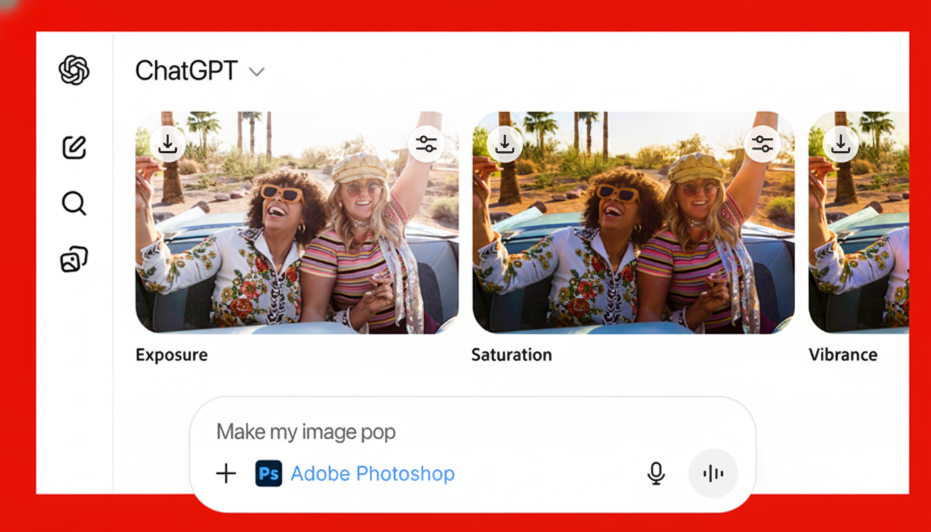 A screenshot of the ChatGPT interface showing image editing options like Exposure, Saturation, and Vibrance, with two women in a convertible visible in the image previews.