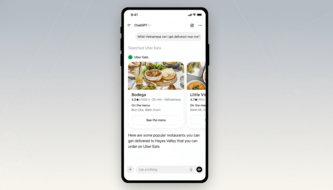 A smartphone displaying the ChatGPT app with Uber Eats search results for Vietnamese food, set against a professional flat design background with soft patterns.