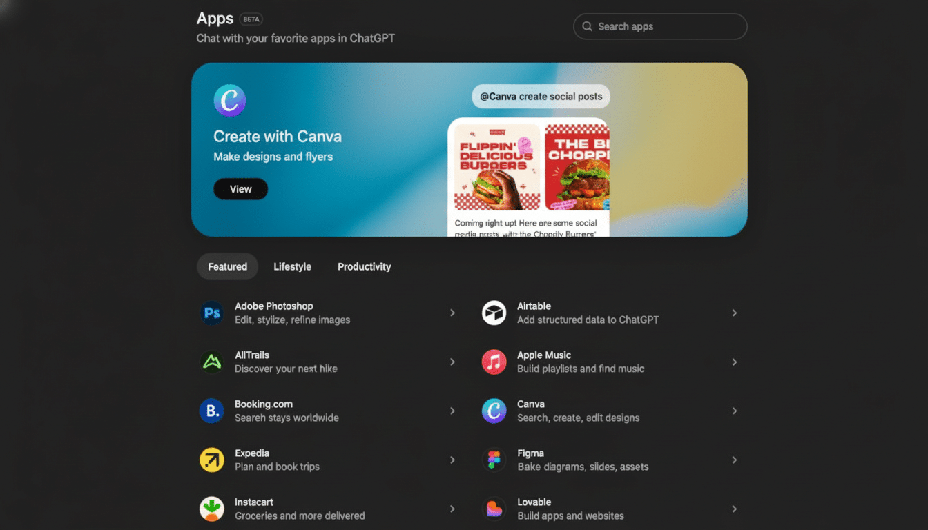 A screenshot of the ChatGPT app store interface, featuring a Create with Canva card prominently displayed, alongside a list of other apps like Adobe Photoshop, AllTrails, Booking.com, Expedia, Instacart, Airtable, Apple Music, Canva, Figma, and Lovable.