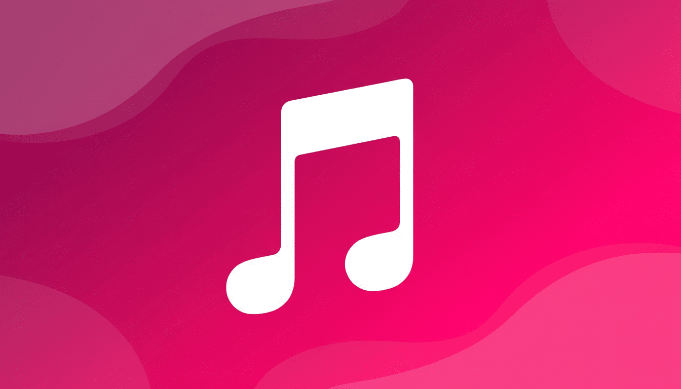 A white musical note icon centered on a professional 16:9 aspect ratio background with a gradient of pink and magenta, featuring soft, wavy patterns.