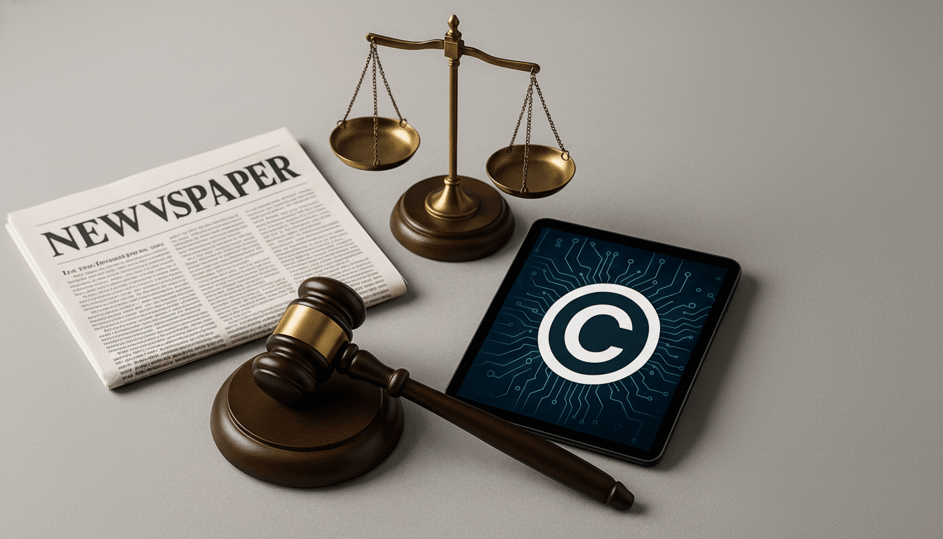 A gavel, a newspaper, scales of justice, and a tablet displaying a copyright symbol on a circuit board background, all arranged on a gray surface.