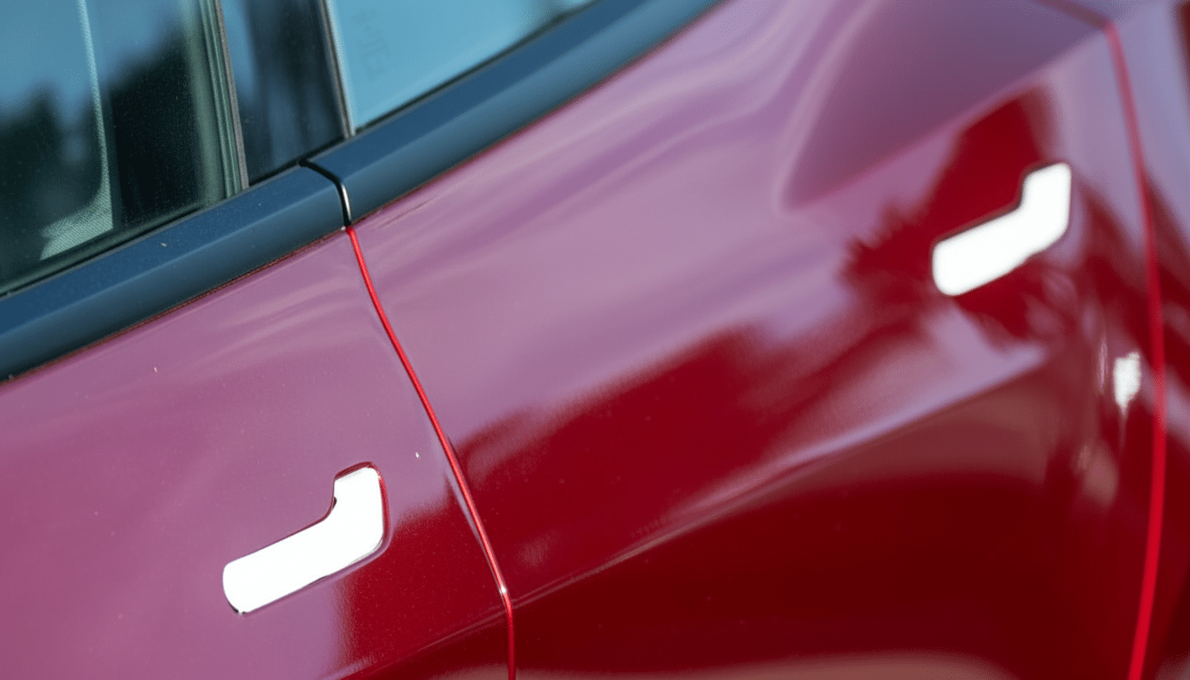 A close-up, professionally enhanced image of a red cars side, showcasing its sleek design and door handles, resized to a 16:9 aspect ratio.