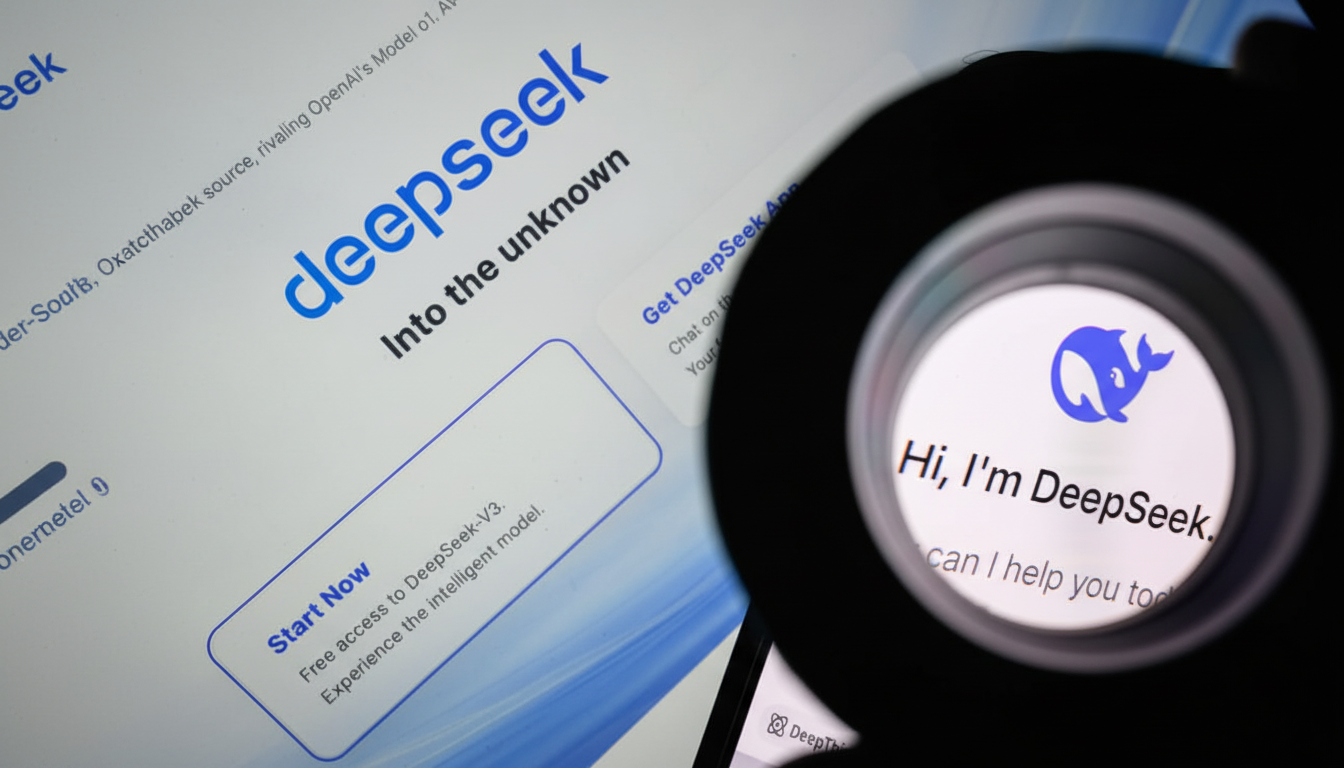 A close-up shot of a screen displaying the deepseek website, with a magnifying glass over a portion of the screen showing the DeepSeek logo and the text Hi, Im DeepSeek.