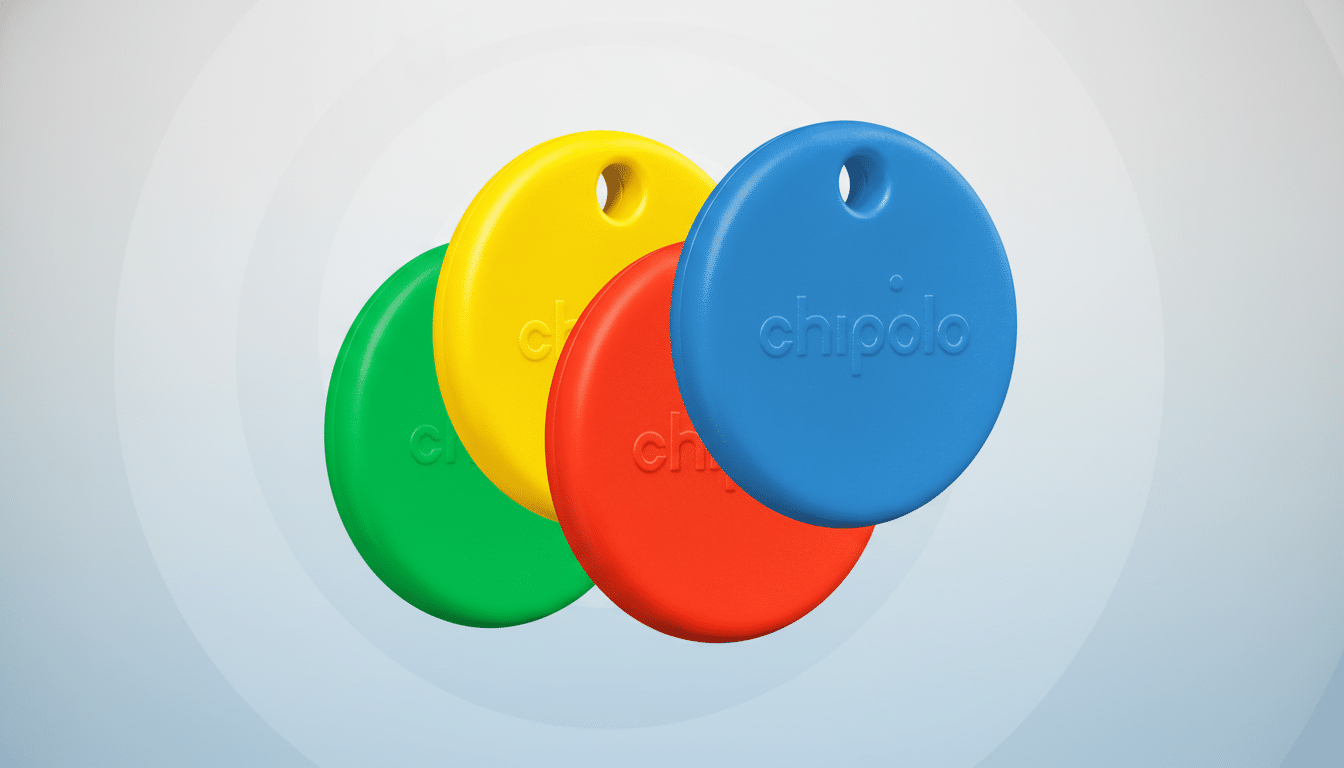 Four colorful Chipolo trackers (green, yellow, red, and blue) are arranged in a slight overlap against a professional, soft gradient background.