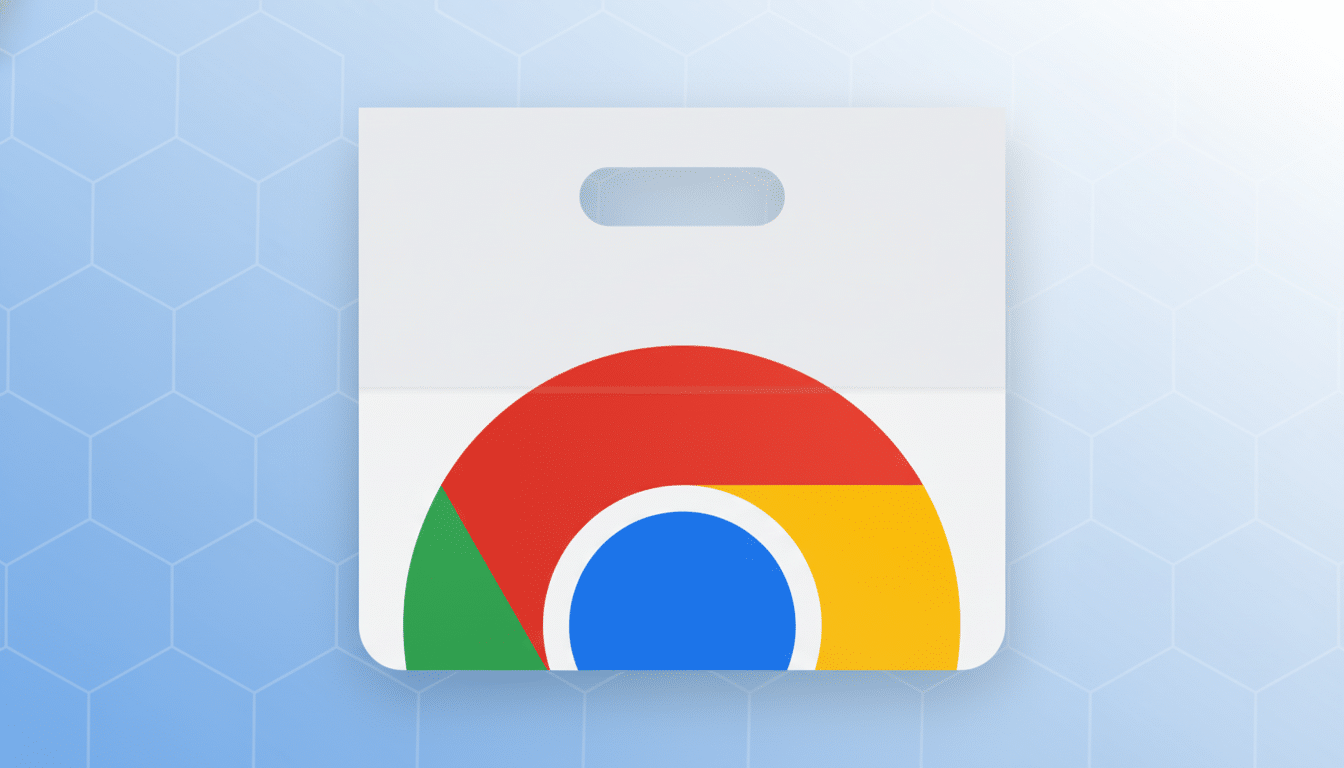 A 16:9 aspect ratio image featuring the Google Chrome Web Store icon, which is a white shopping bag with the top half of the Chrome logo visible inside, set against a professional light blue background with a subtle hexagonal pattern.