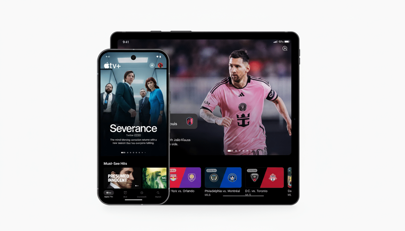 A smartphone and a tablet displaying the Apple TV+ app. The smartphone shows the Severance series, while the tablet features a soccer player in a pink jersey.
