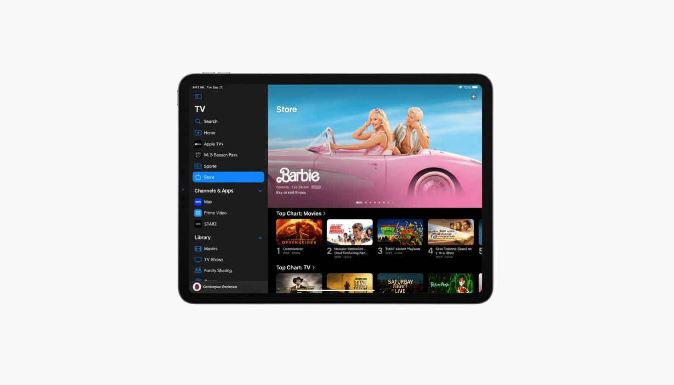 An iPad displaying the Apple TV apps Store section, featuring the movie Barbie prominently, with other movie and TV show titles below.