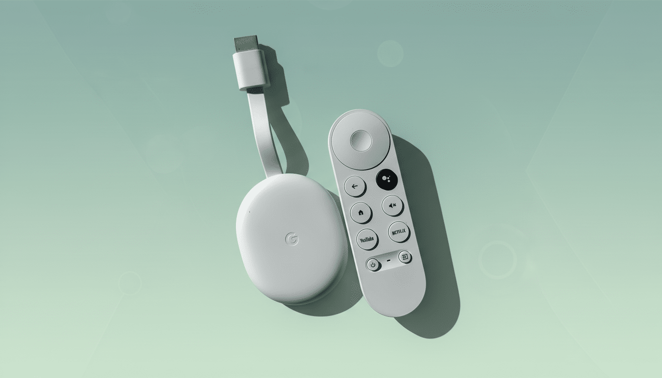 A white Chromecast with Google TV and its remote control are displayed on a professional flat design background with soft patterns and gradients.