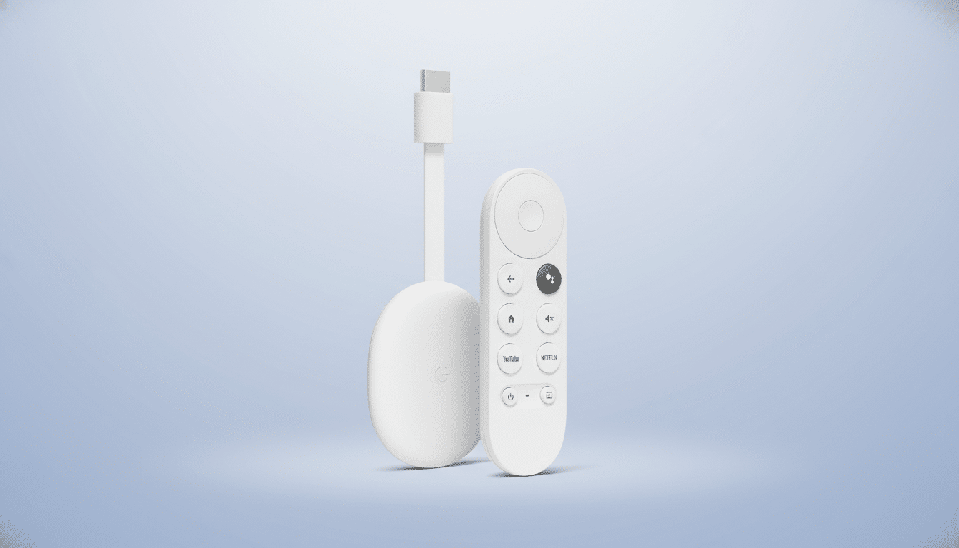 A white Chromecast with Google TV and its remote control are displayed on a light blue gradient background.