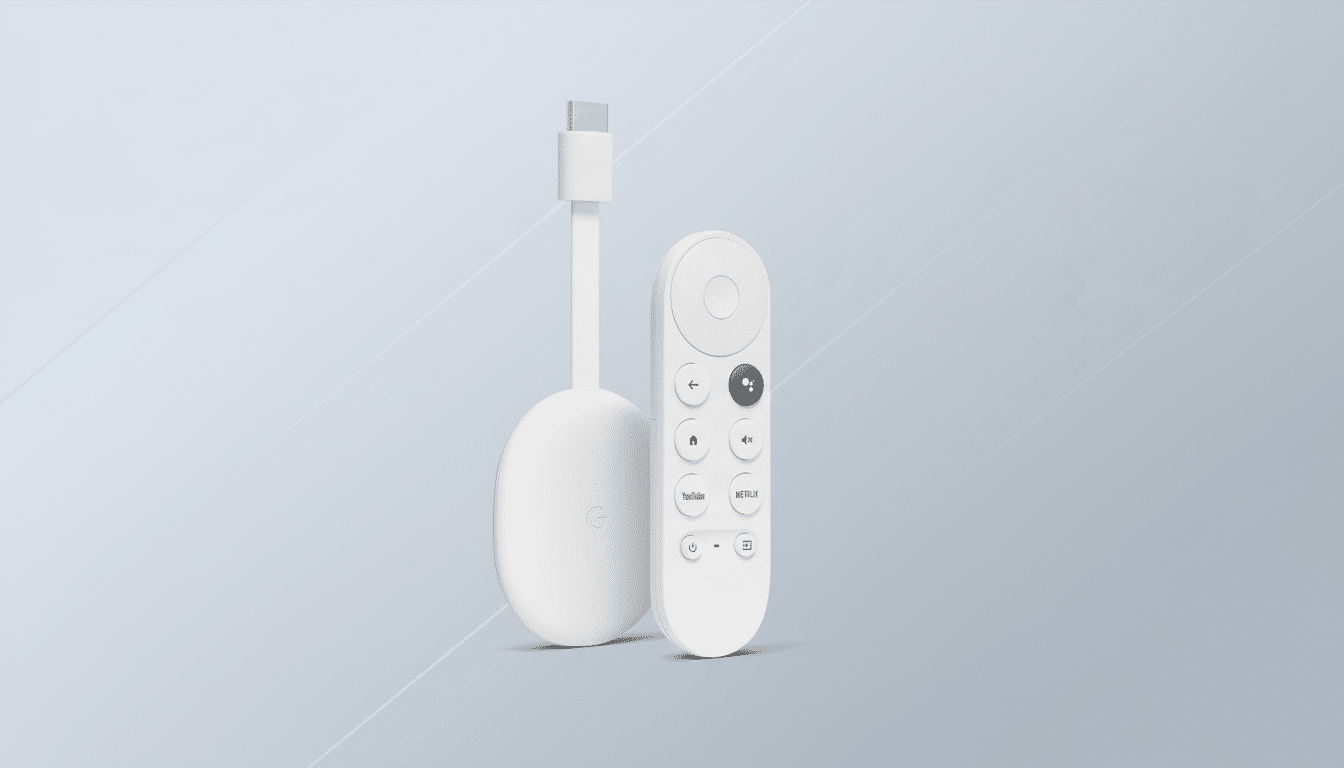 A white Chromecast with Google TV and its remote control are displayed on a professional flat design background with soft patterns.