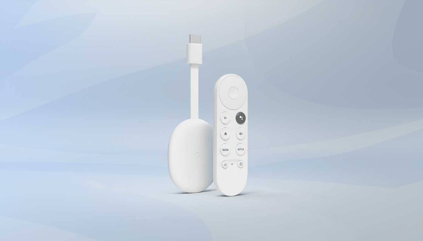 A white Chromecast with Google TV and its remote control, presented on a professional flat design background with soft blue gradients and subtle patterns.