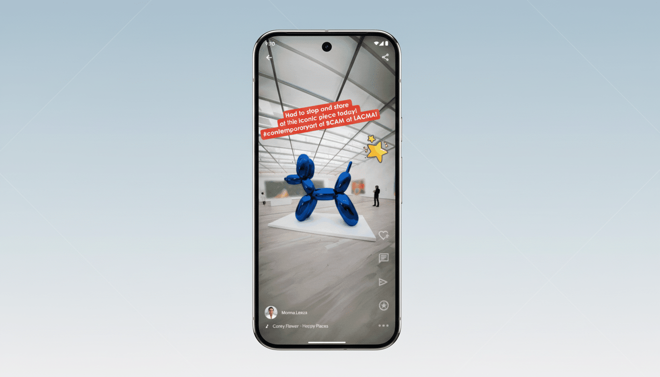 A smartphone displaying a social media post featuring a blue balloon dog sculpture in a museum, set against a professional flat design background with soft patterns and gradients.