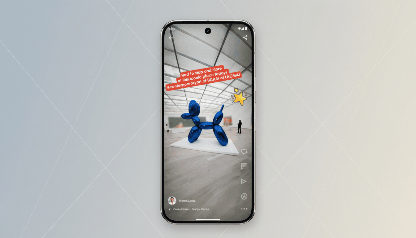 A smartphone displaying a social media post featuring a blue balloon dog sculpture in a museum, with a person standing nearby. The phone is set against a professional flat design background with soft patterns.