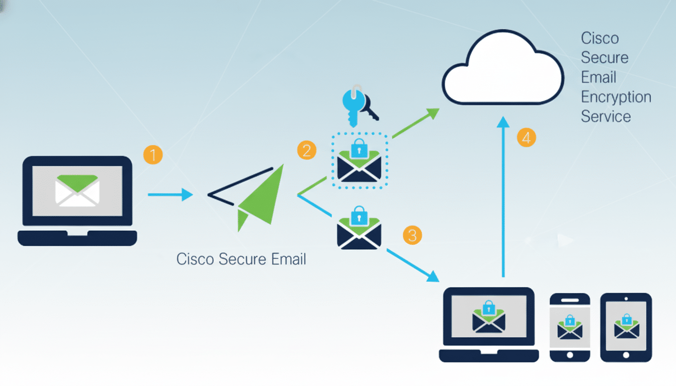 A diagram illustrating the Cisco Secure Email Encryption Service, showing an email being sent from a laptop, encrypted, and then delivered to various devices via a cloud service.