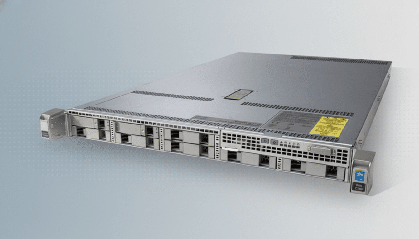 A professional image of a Cisco server unit, presented at a 16:9 aspect ratio with a clean, soft gradient background.