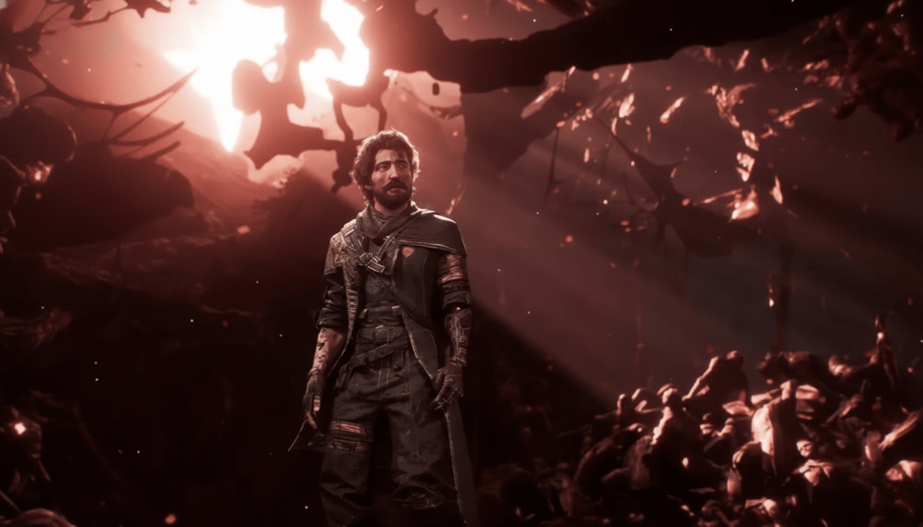 A man with a beard and dark clothing stands in a cavernous, red-lit environment.