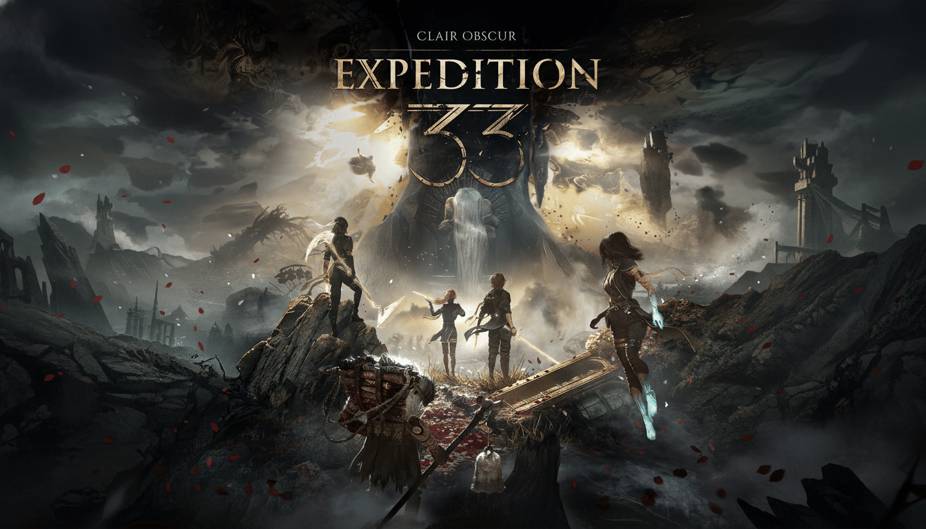 The Clair Obscur Expedition 33 game cover art, featuring a group of adventurers in a fantastical, ruined landscape under a dramatic sky.