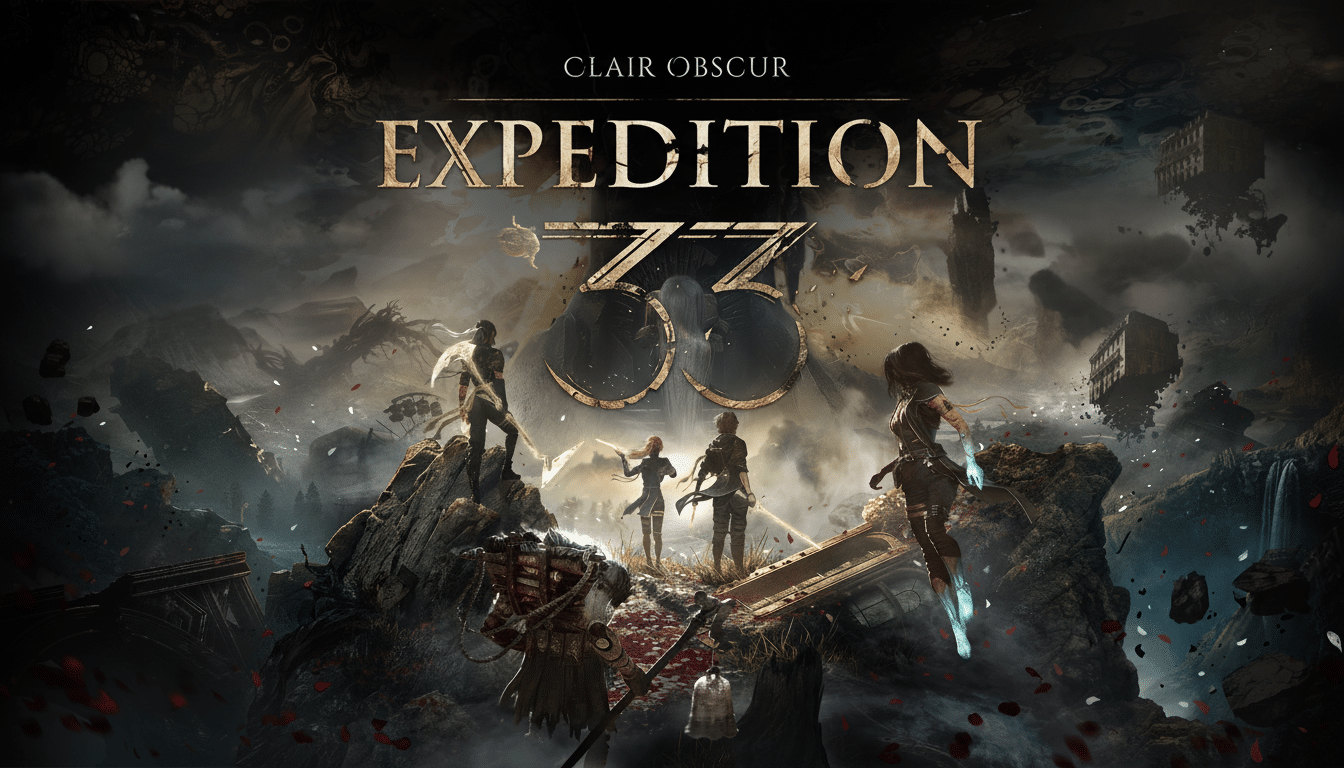 The Clair Obscur Expedition 33 video game title card features a group of adventurers standing on rocky terrain amidst a dark, fantastical landscape.