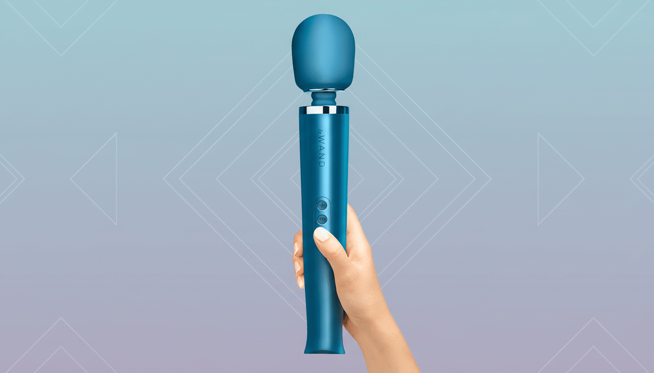 A hand holding a blue wand massager, presented on a professional flat design background with soft patterns and gradients.