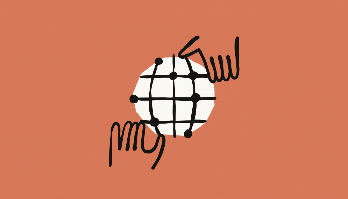 A 16:9 aspect ratio image featuring a white globe with a grid pattern and black dots, surrounded by abstract black lines, all set against a solid reddish-brown background.