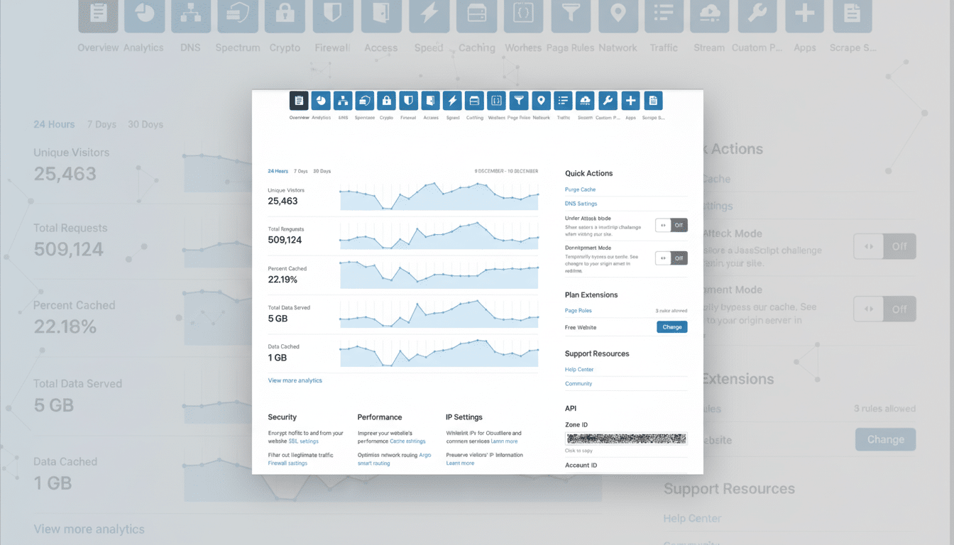 A professional, enhanced image of a website analytics dashboard, resized to a 16:9 aspect ratio. The dashboard displays metrics like unique visitors, total requests, percent cached, total data served, and data cached, along with quick actions, plan extensions, and support resources. The background features a subtle, professional flat design with soft gradients, while the main dashboard content remains unchanged.