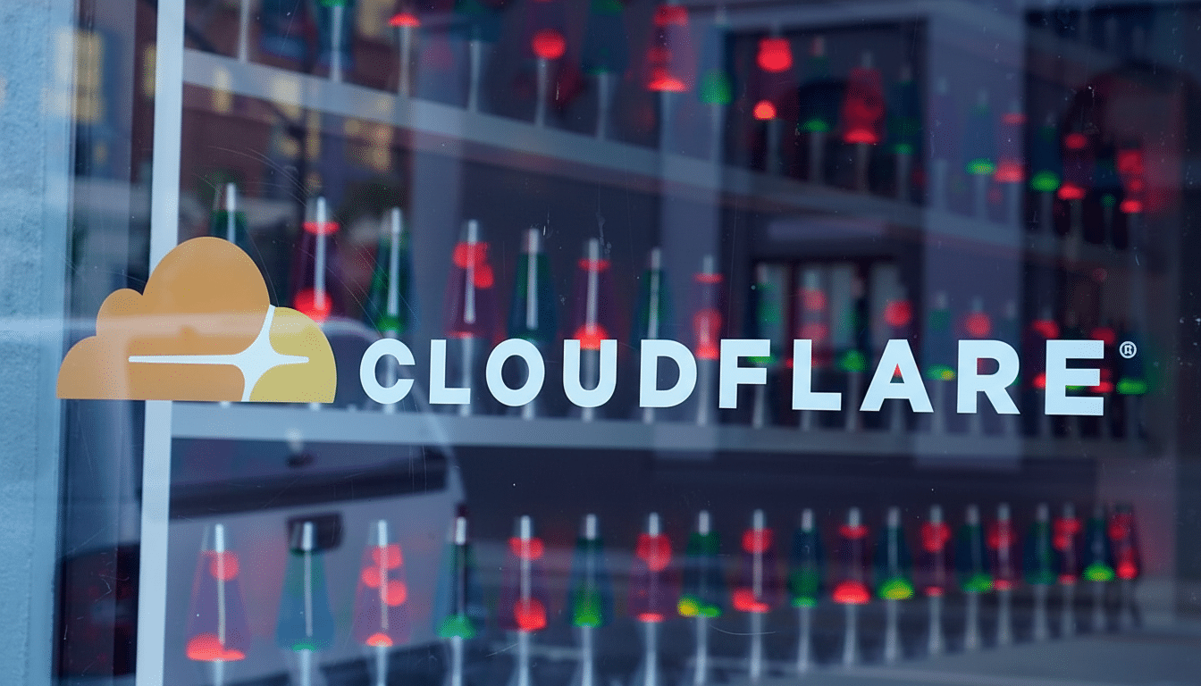The Cloudflare logo and name are displayed on a glass window, with a blurred background of colorful lava lamps inside.