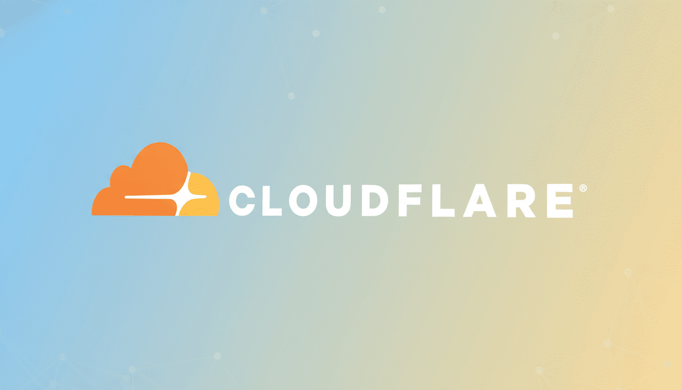 The Cloudflare logo, featuring an orange cloud icon with a yellow starburst, and the word CLOUDFLARE in white text, set against a professional 16:9 aspect ratio background with a soft blue and yellow gradient and subtle geometric patterns.