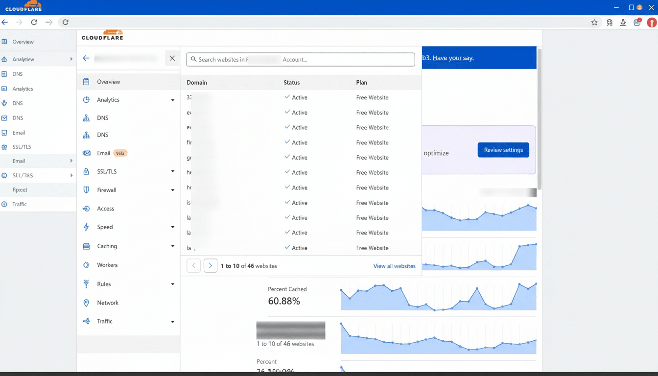 A screenshot of the Cloudflare dashboard, showing a list of websites, their status, and plan. The search bar is highlighted, and the pagination for the website list is also highlighted.