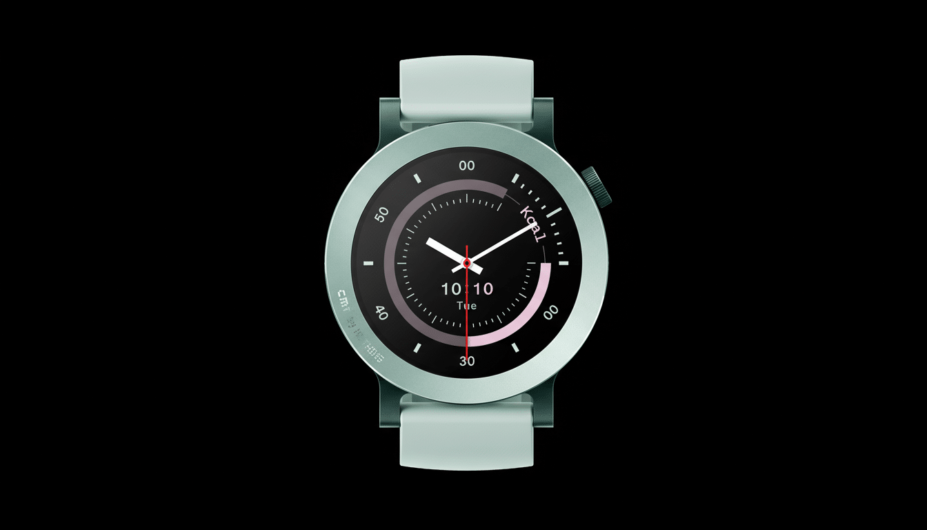 A smartwatch with a light green band and a dark face displaying the time 10:10 and Tue, along with activity tracking metrics.