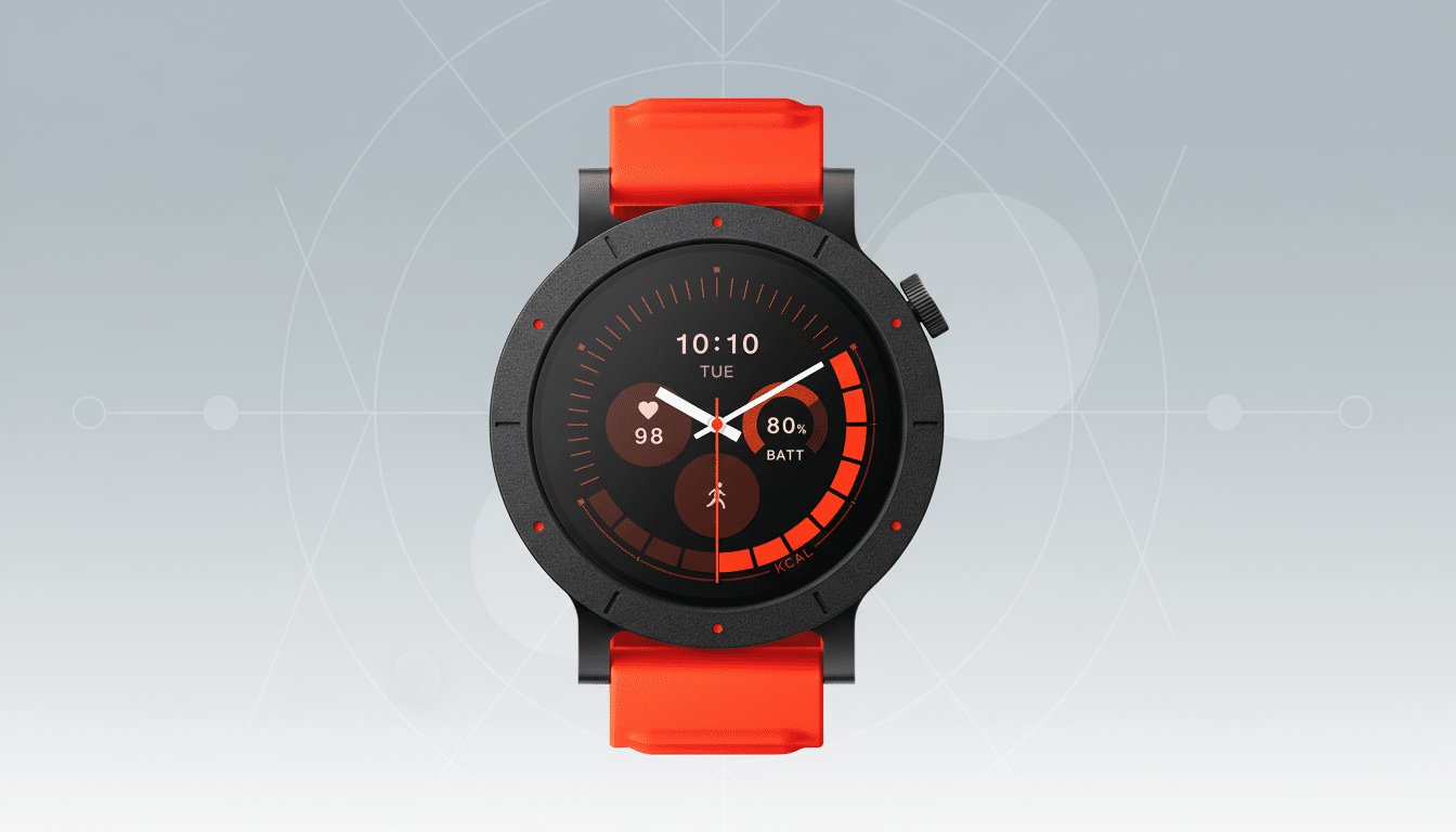 A black smartwatch with a bright orange band, displaying the time 10:10, Tuesday, 98 heart rate, 80% battery, and a calorie count, set against a professional light gray background with subtle geometric patterns.